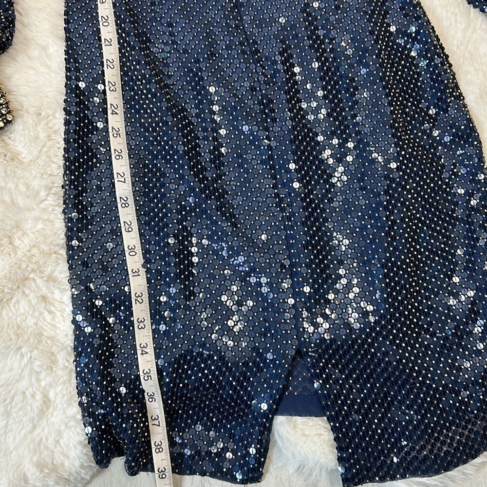 OLEG CASSINI BlackTie Navy Blue & Gold Silk Shimmery Dress W/Beads & Seq… - Picture 9 of 9